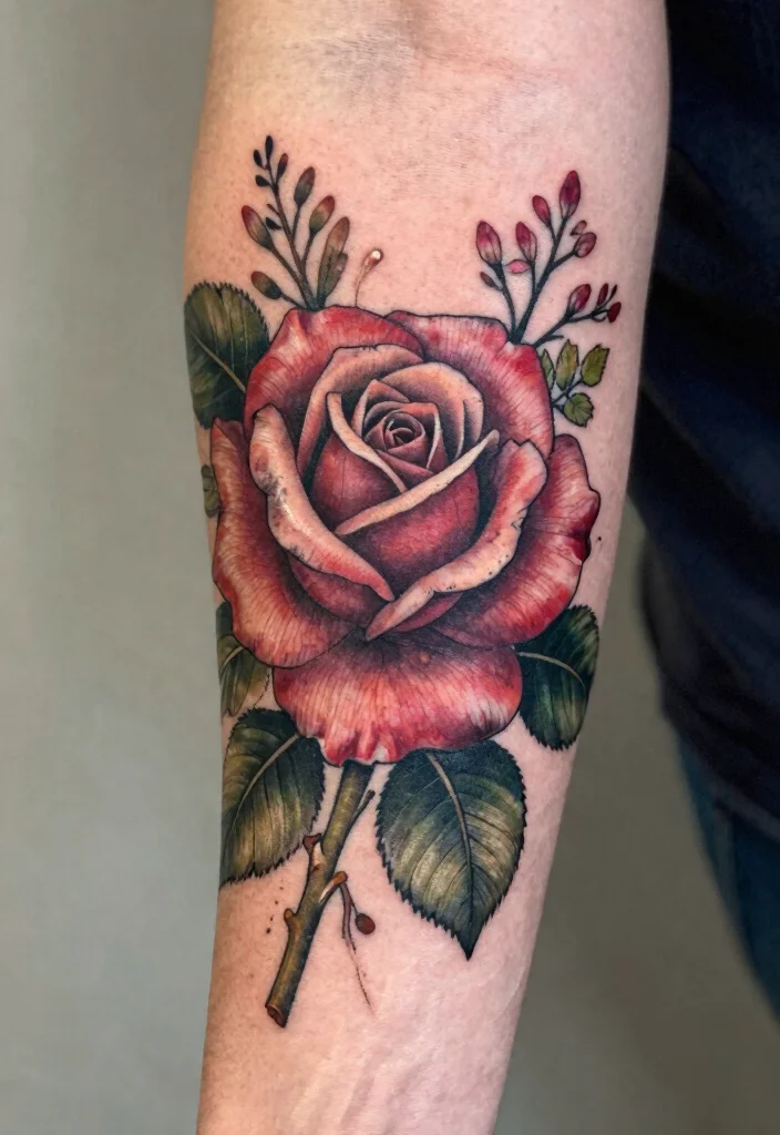 16 Rose Tattoo Realistic Ideas That Look Stunning - 13. Rose with Nature Elements 1