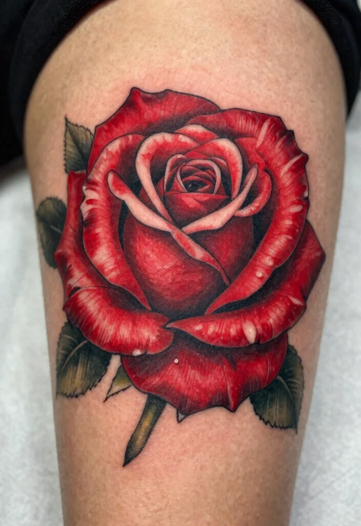 16 Rose Tattoo Realistic Ideas That Look Stunning - 2. Bold Red Rose Ink 1