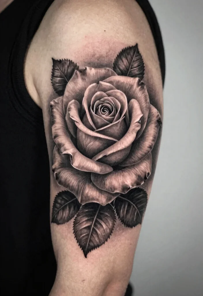 16 Rose Tattoo Realistic Ideas That Look Stunning - 6. Black and Grey Realism 1