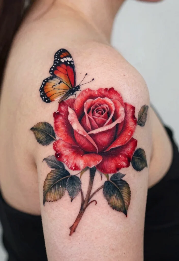 16 Rose Tattoo Realistic Ideas That Look Stunning - 9. Rose and Butterfly Combination 1