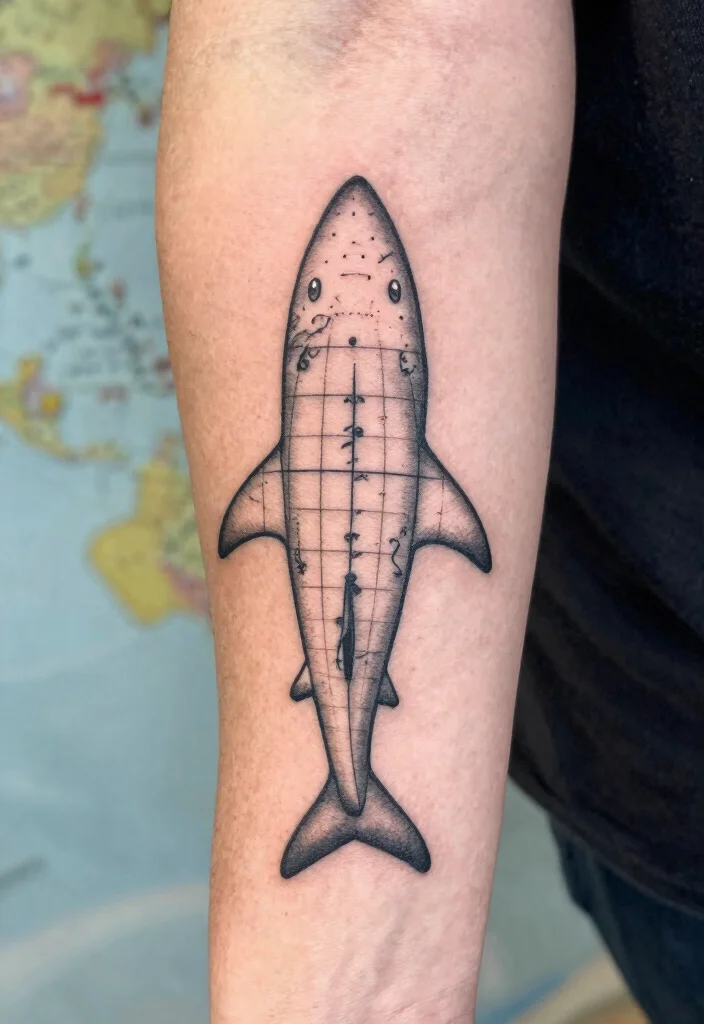 16 Shark Outline Tattoo Ideas With Clean Bold Lines - 10. Shark Outline with Coordinates 1
