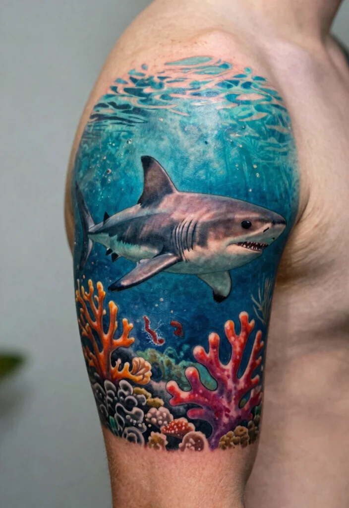 16 Shark Outline Tattoo Ideas With Clean Bold Lines - 11. Shark Underwater Scene 1
