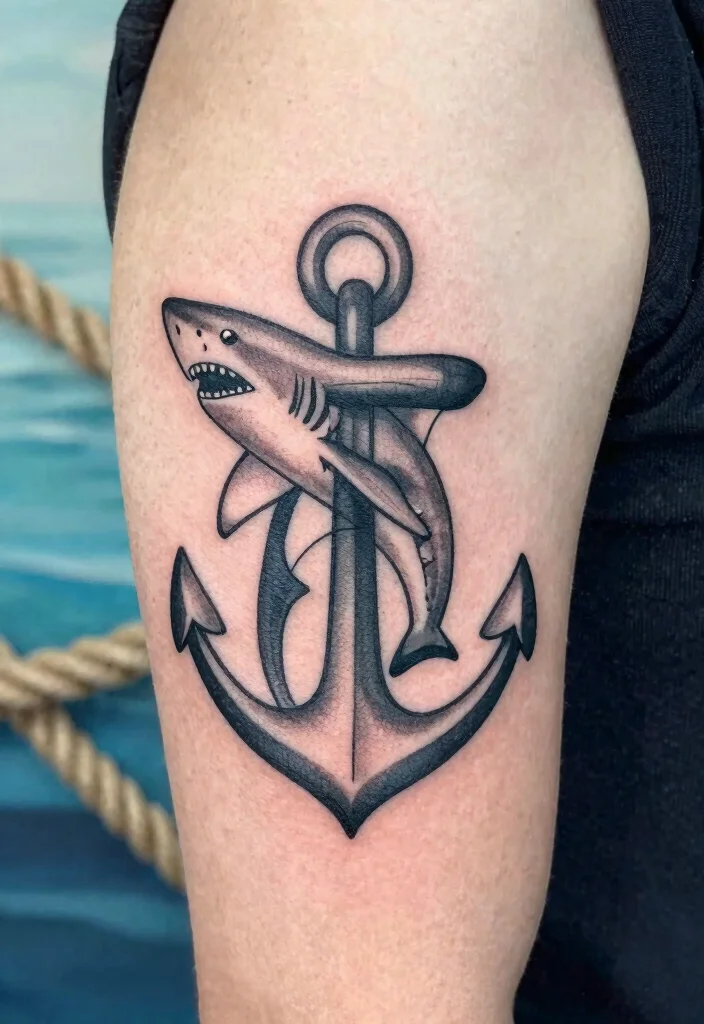 16 Shark Outline Tattoo Ideas With Clean Bold Lines - 12. Shark and Anchor Tattoo 1