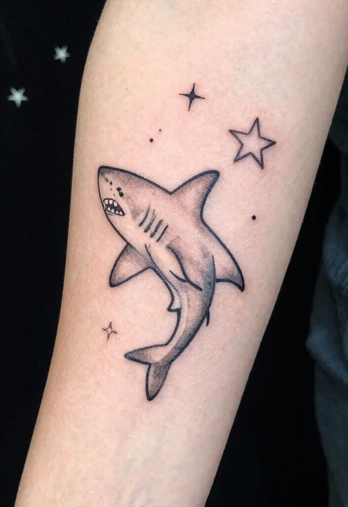 16 Shark Outline Tattoo Ideas With Clean Bold Lines - 13. Shark and Star Design 1