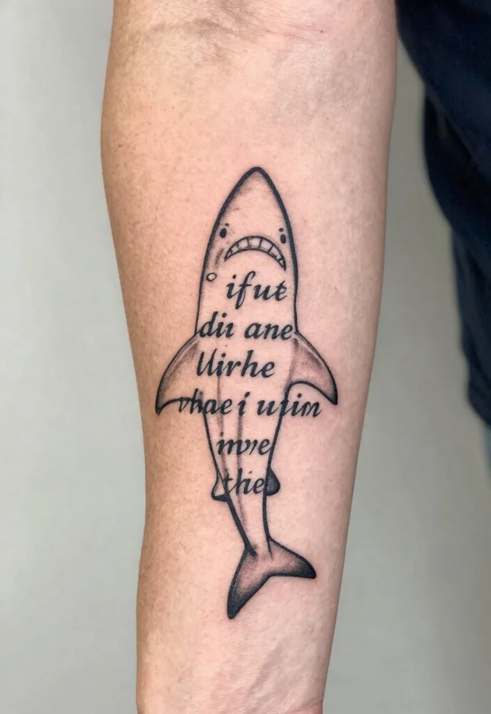 16 Shark Outline Tattoo Ideas With Clean Bold Lines - 15. Shark with Quote 1