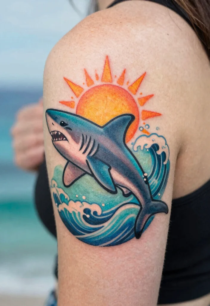 16 Shark Outline Tattoo Ideas With Clean Bold Lines - 16. Shark with Sun and Waves 1