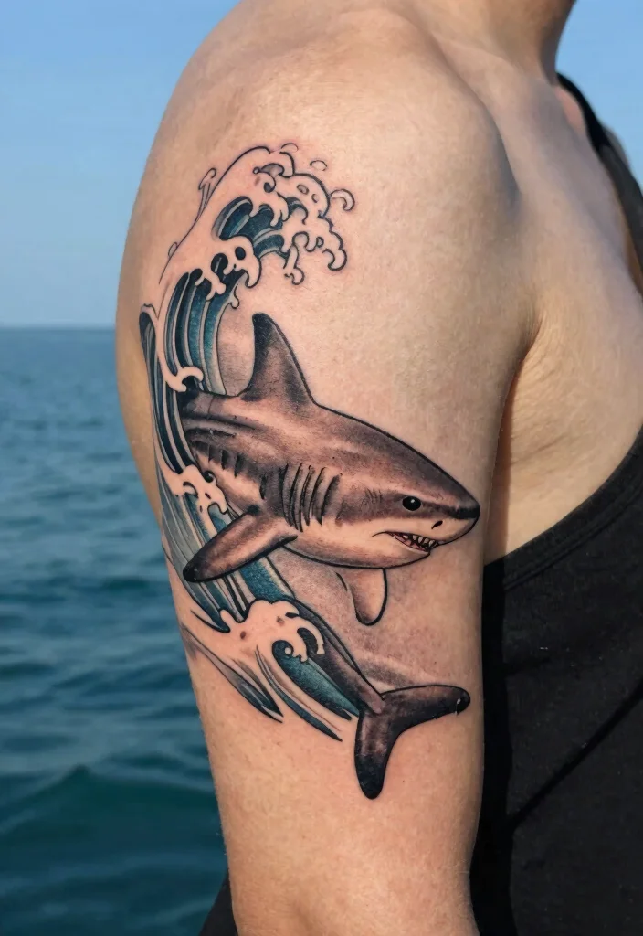16 Shark Outline Tattoo Ideas With Clean Bold Lines - 3. Shark with Wave Element 1