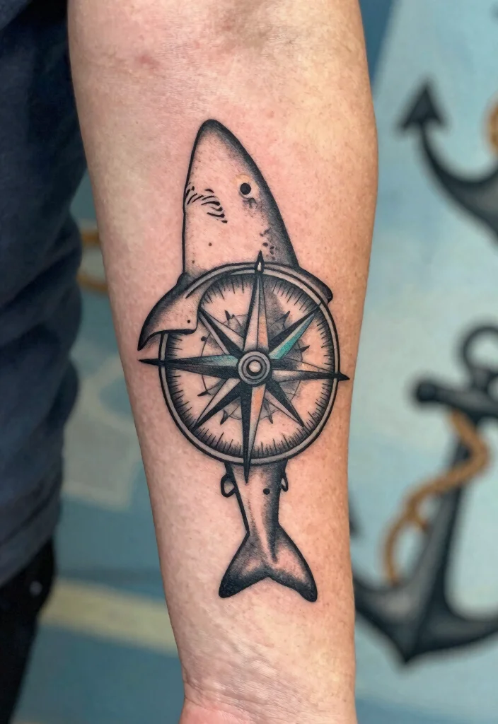 16 Shark Outline Tattoo Ideas With Clean Bold Lines - 5. Shark Outline with Compass 1
