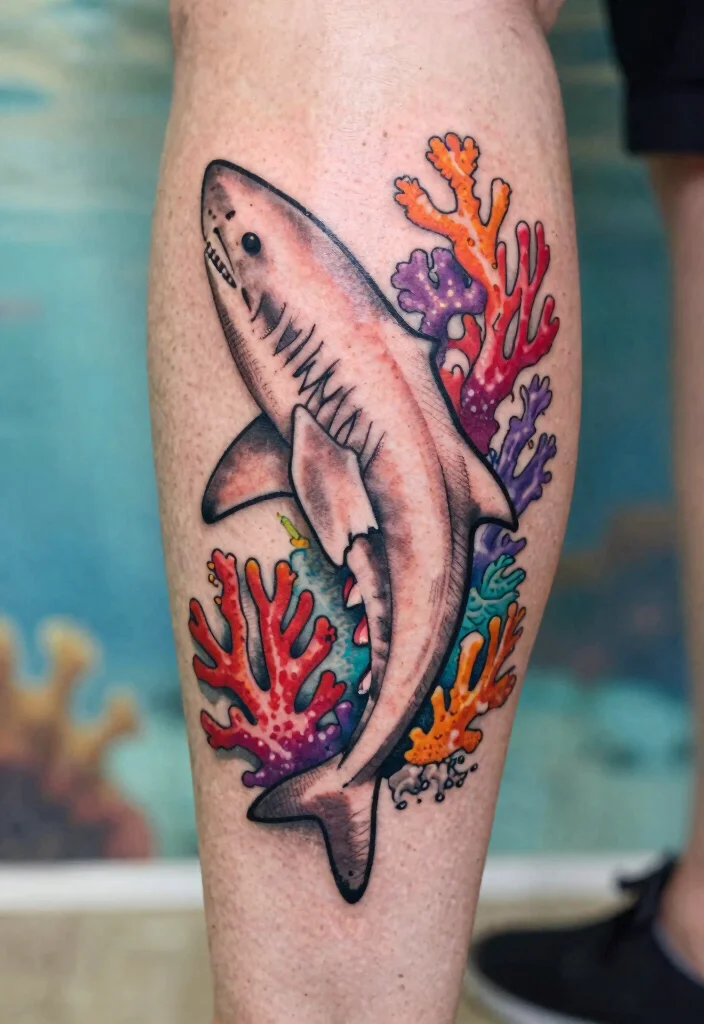 16 Shark Outline Tattoo Ideas With Clean Bold Lines - 6. Shark and Coral Design 1