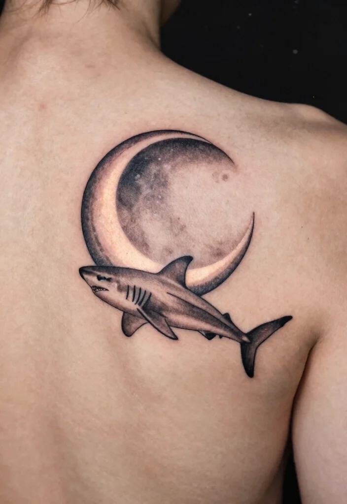 16 Shark Outline Tattoo Ideas With Clean Bold Lines - 7. Shark and Moon Tattoo 1