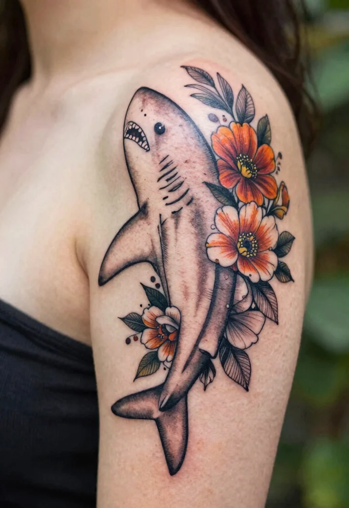 16 Shark Outline Tattoo Ideas With Clean Bold Lines - 8. Shark with Floral Accents 1
