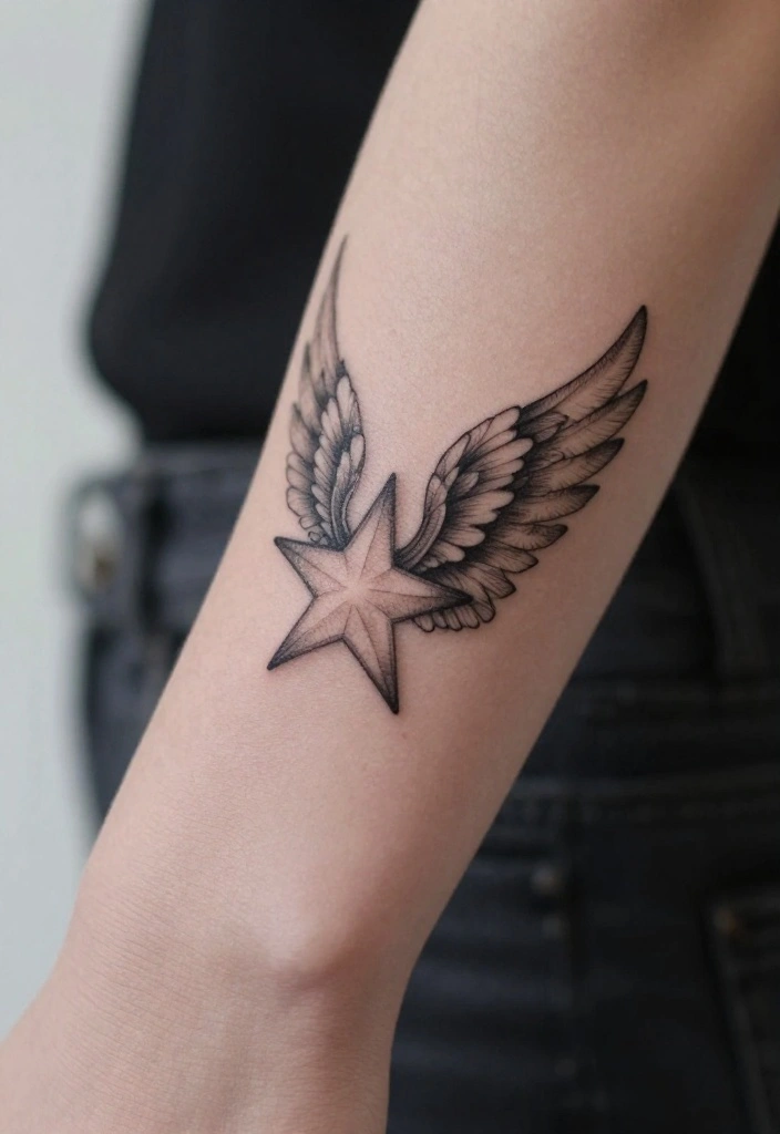 16 Star Tattoo on Wrist Ideas That Feel Minimal & Chic - 14. Star with Wings 1