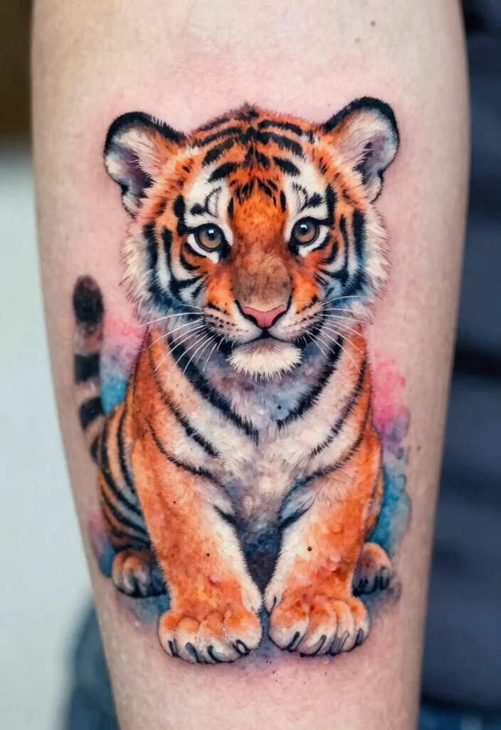16 Tiger Cub Tattoo Ideas With Cute Fierce Energy - 1. Whimsical Watercolor Tiger Cub 1