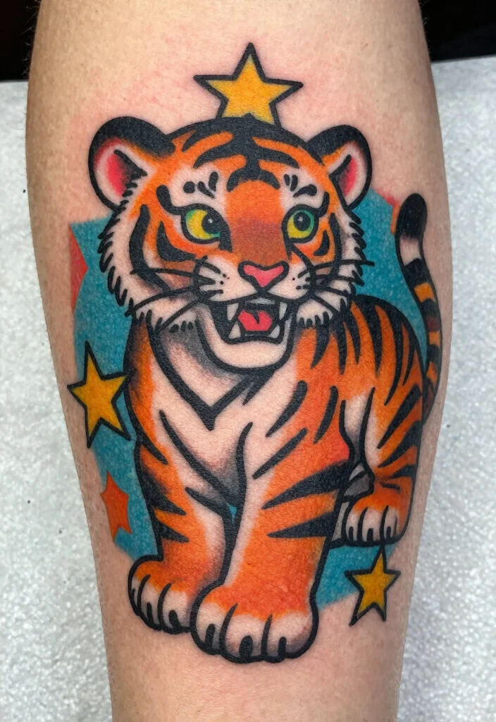16 Tiger Cub Tattoo Ideas With Cute Fierce Energy - 10. Retro Style Tiger Cub 1