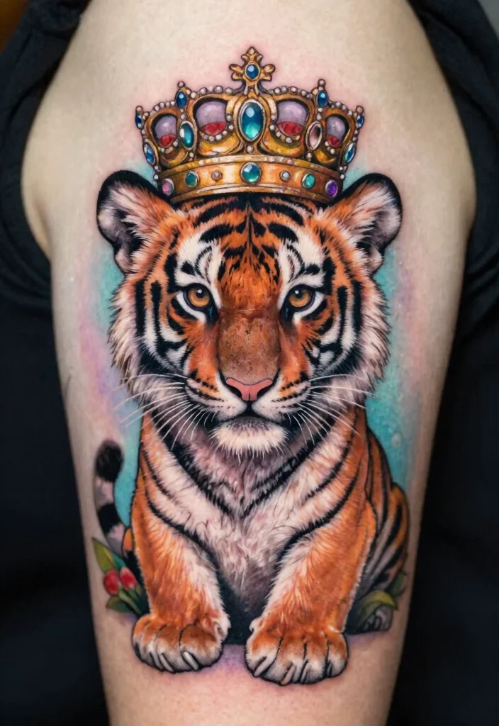 16 Tiger Cub Tattoo Ideas With Cute Fierce Energy - 11. Tiger Cub with a Crown 1