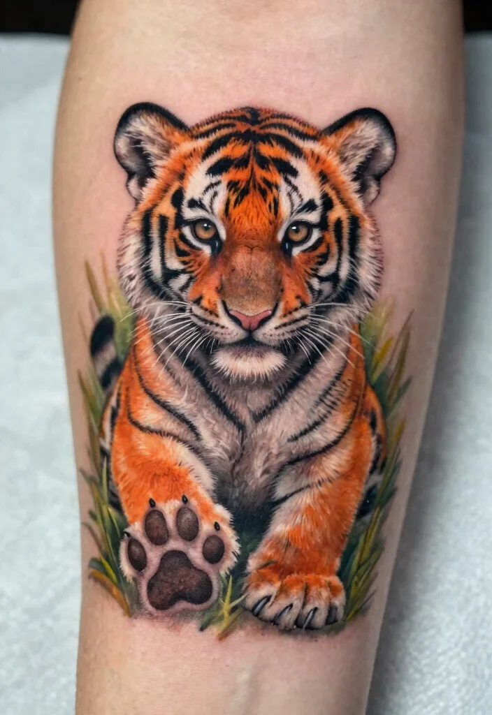 16 Tiger Cub Tattoo Ideas With Cute Fierce Energy - 13. Tiger Cub with Paw Prints 1