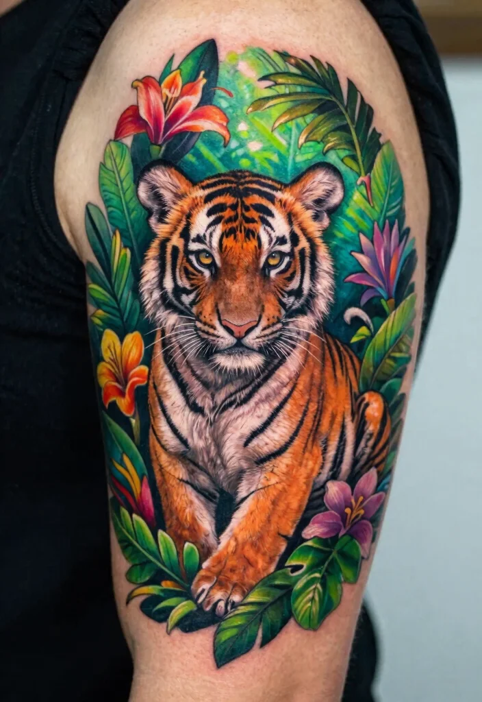 16 Tiger Cub Tattoo Ideas With Cute Fierce Energy - 14. Tiger Cub in a Jungle Setting 1