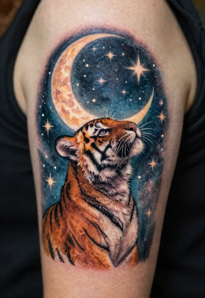 16 Tiger Cub Tattoo Ideas With Cute Fierce Energy - 16. Tiger Cub and Moon 1