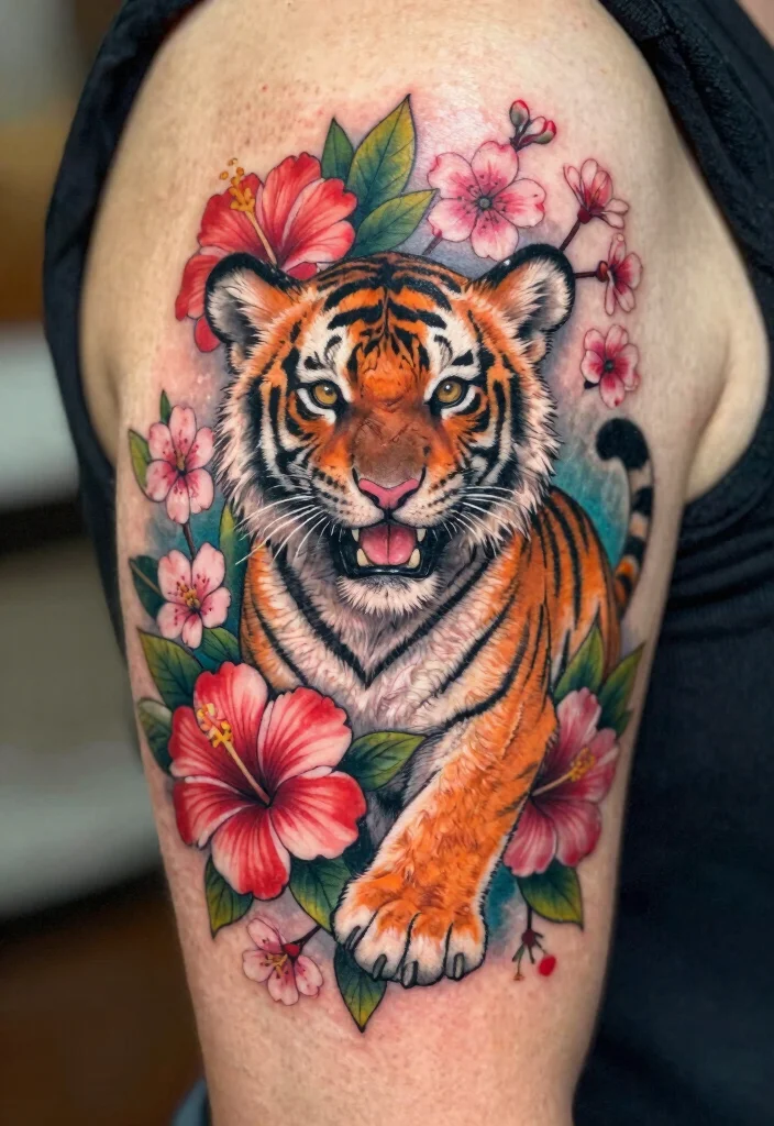 16 Tiger Cub Tattoo Ideas With Cute Fierce Energy - 5. Playful Tiger Cub with Floral Accents 1