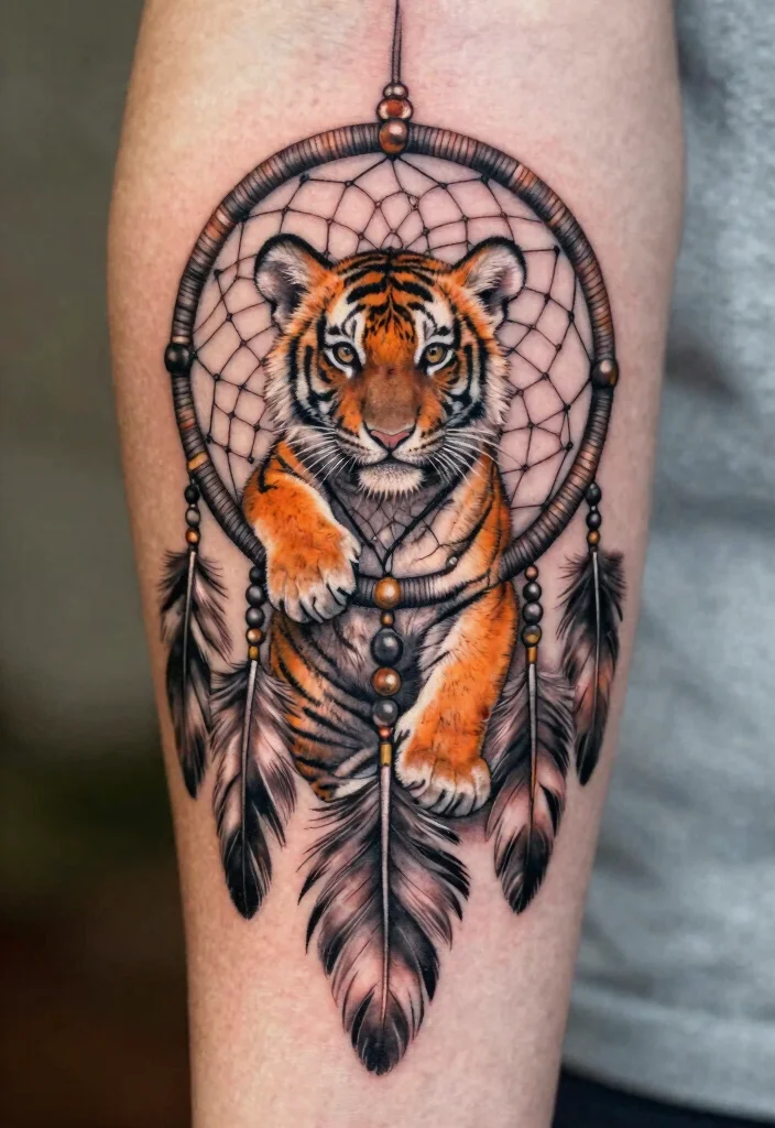 16 Tiger Cub Tattoo Ideas With Cute Fierce Energy - 8. Tiger Cub in a Dreamcatcher 1