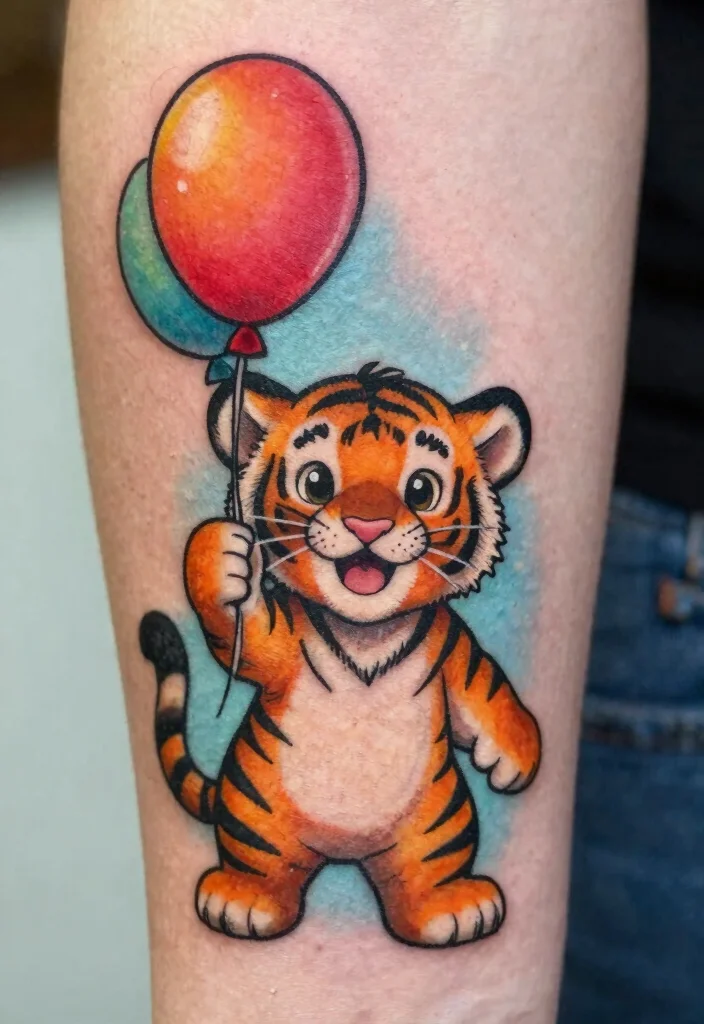 16 Tiger Cub Tattoo Ideas With Cute Fierce Energy - 9. Tiger Cub with a Balloon 1