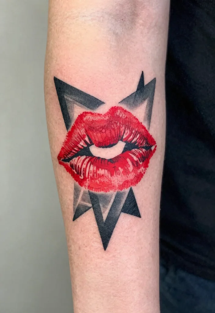 17 Red Kiss Tattoo Ideas That Make a Statement - 10. Kiss Tattoos with Geometric Shapes 1