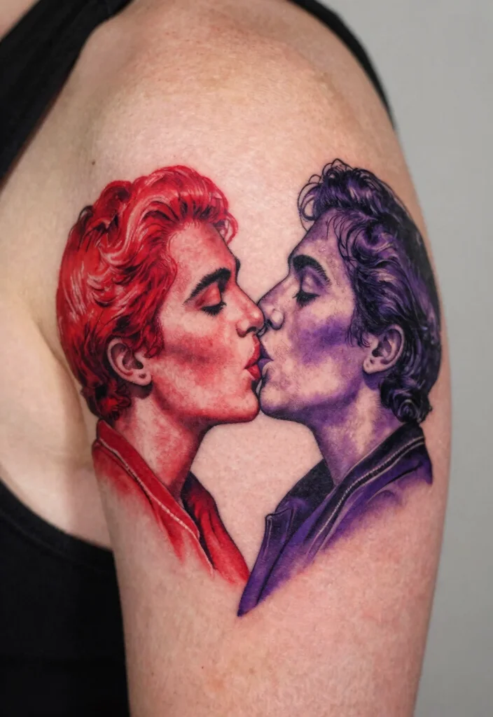 17 Red Kiss Tattoo Ideas That Make a Statement - 12. Kiss Tattoos in Unique Colors 1