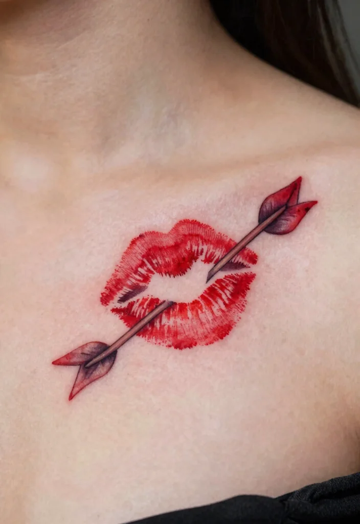 17 Red Kiss Tattoo Ideas That Make a Statement - 13. Kiss Tattoos with Symbols of Love 1
