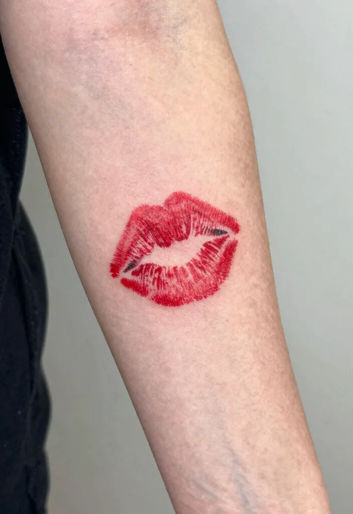17 Red Kiss Tattoo Ideas That Make a Statement - 14. Kiss Tattoos with Personal Symbols 1