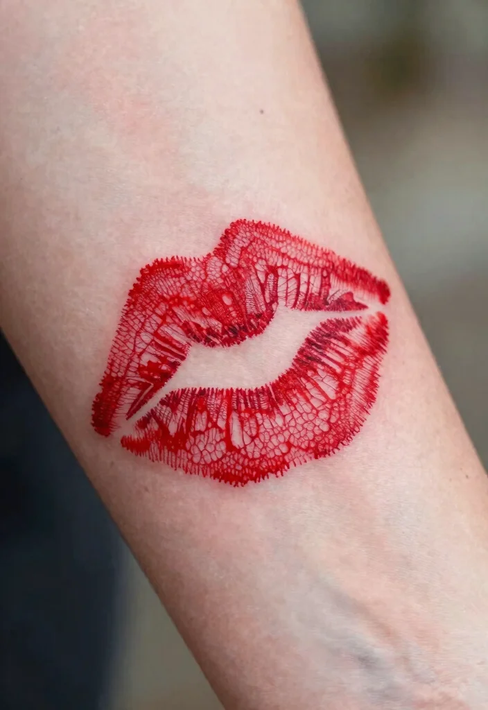 17 Red Kiss Tattoo Ideas That Make a Statement - 15. Kiss Tattoos with Lace Patterns 1