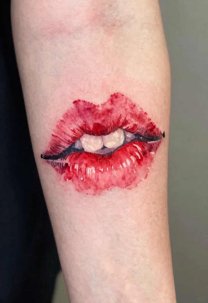 17 Red Kiss Tattoo Ideas That Make a Statement - 3. Watercolor Kiss Tattoos 1