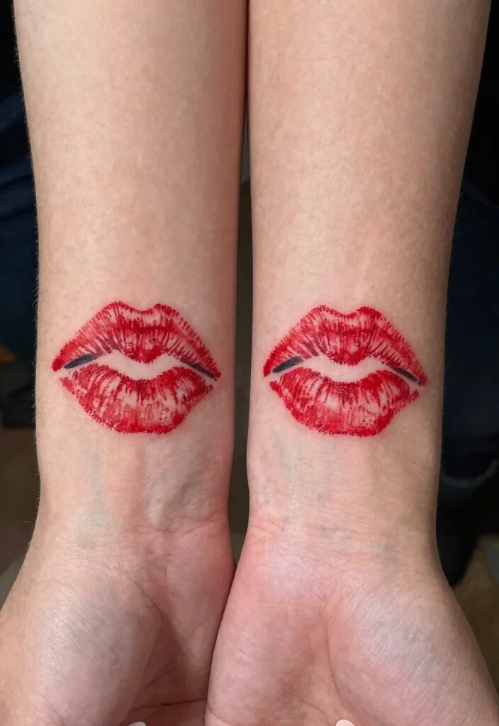 17 Red Kiss Tattoo Ideas That Make a Statement - 4. Matching Kiss Tattoos 1