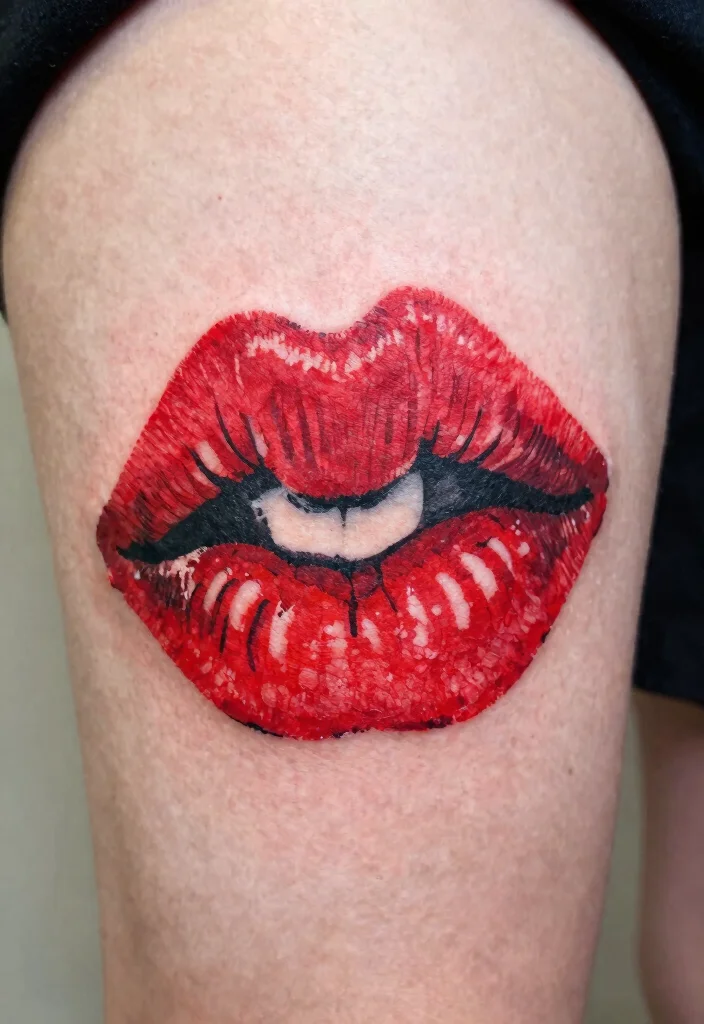 17 Red Kiss Tattoo Ideas That Make a Statement - 7. Bold Red Kiss Tattoos 1