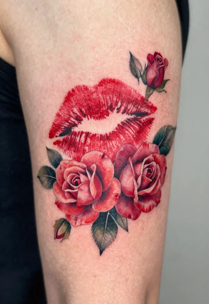 17 Red Kiss Tattoo Ideas That Make a Statement - 8. Kiss Tattoos with Floral Elements 1