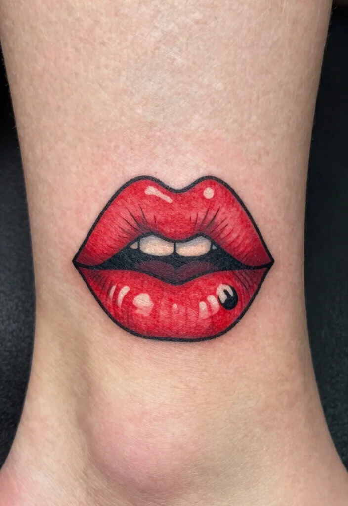 17 Red Kiss Tattoo Ideas That Make a Statement - 9. Cartoonish Kiss Tattoos 1