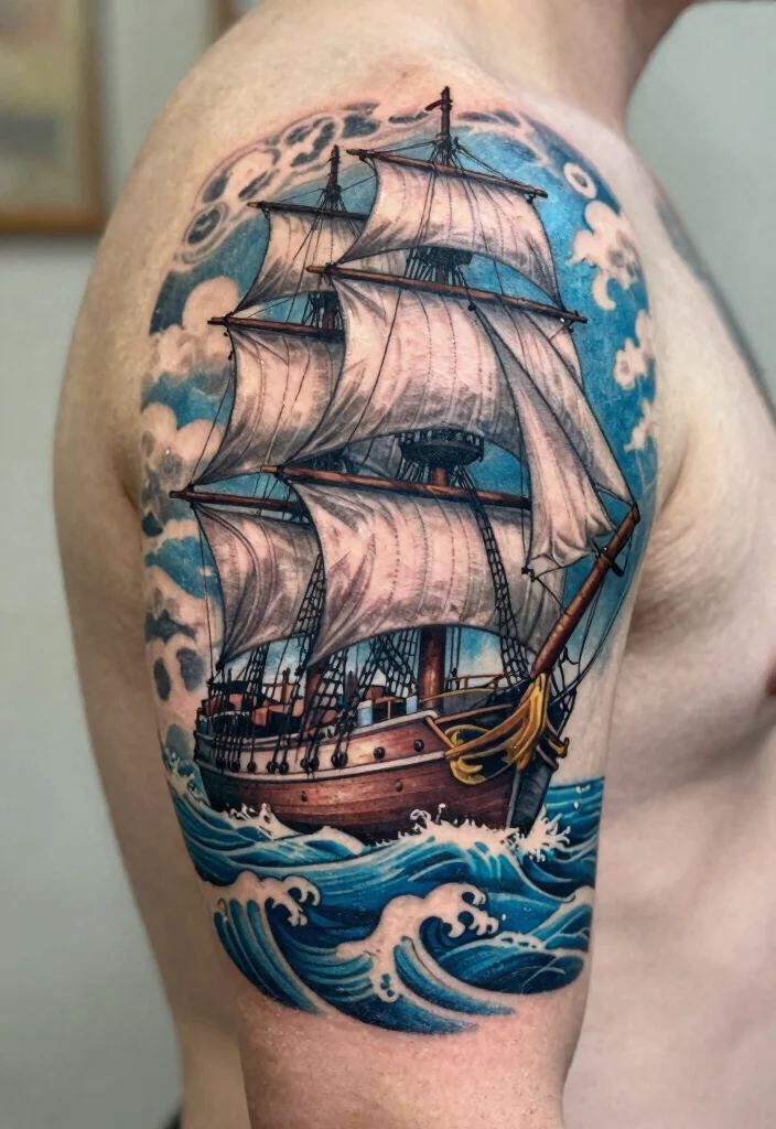 17 Sailor Jerry Tattoo Flash Ideas With Vintage Edge - 6. Dynamic Ship Tattoos 1