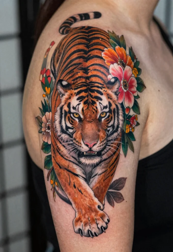 17 Tiger Scratch Tattoo Ideas With Wild Motion - 11. Tiger Scratch and Floral Fusion 1