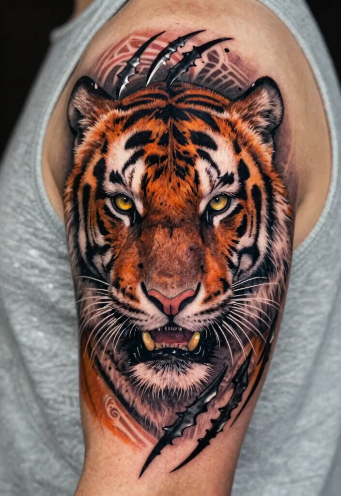 17 Tiger Scratch Tattoo Ideas With Wild Motion - 3. Realistic Tiger Face with Scratches 1