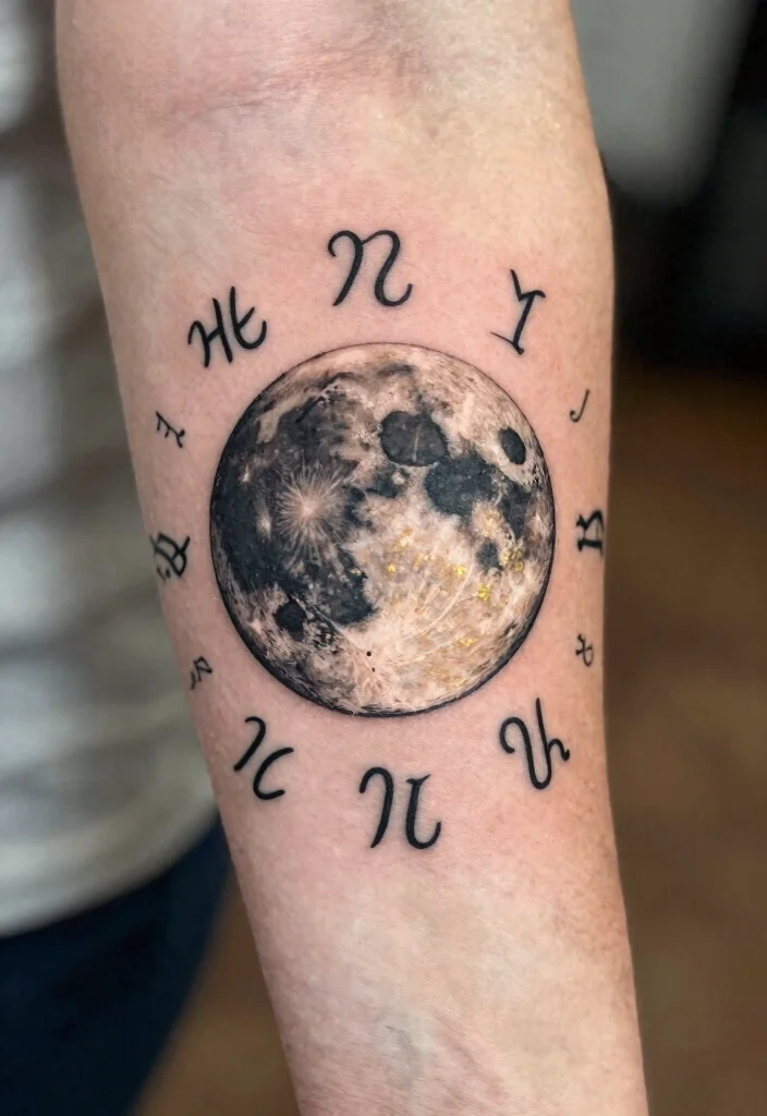 18 Full Moon Tattoo Designs Ideas With Mystical Vibes - 10. Full Moon with Zodiac Signs 1