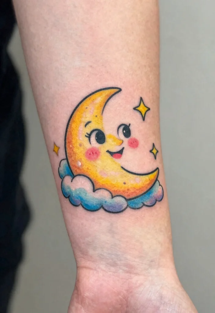 18 Full Moon Tattoo Designs Ideas With Mystical Vibes - 11. Playful Cartoon Moon 1