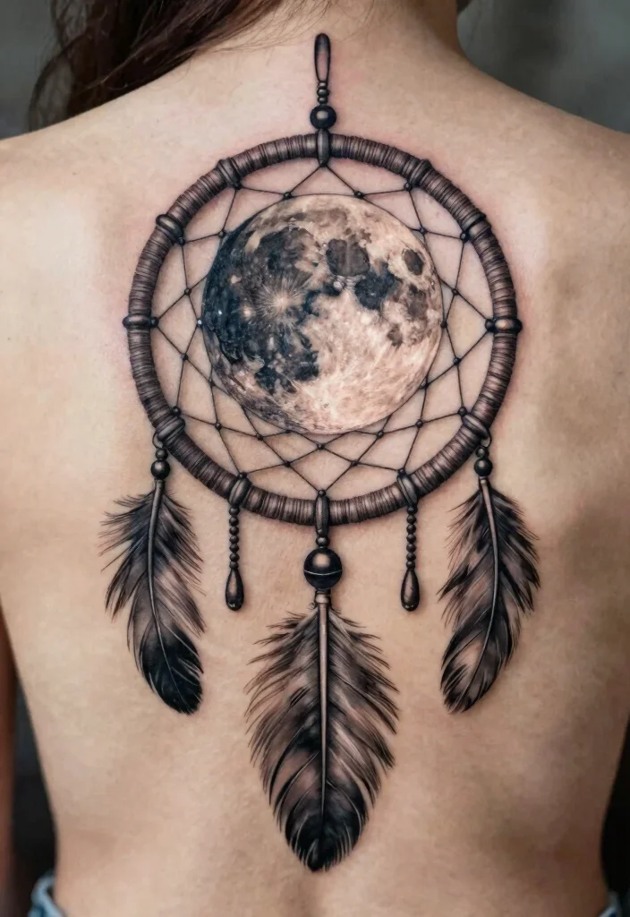 18 Full Moon Tattoo Designs Ideas With Mystical Vibes - 13. Full Moon with Dreamcatcher 1