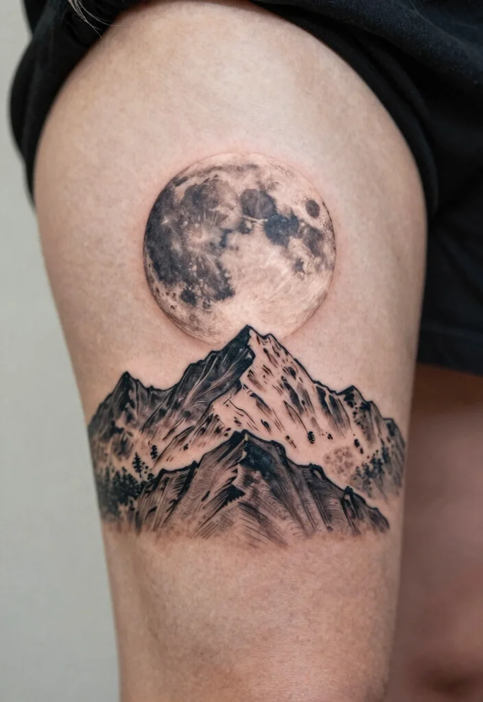 18 Full Moon Tattoo Designs Ideas With Mystical Vibes - 14. Full Moon with Mountains 1