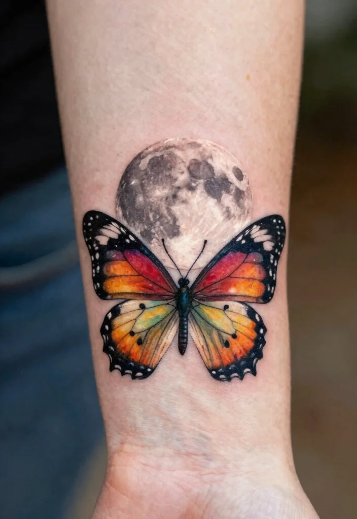 18 Full Moon Tattoo Designs Ideas With Mystical Vibes - 16. Full Moon with Butterfly 1