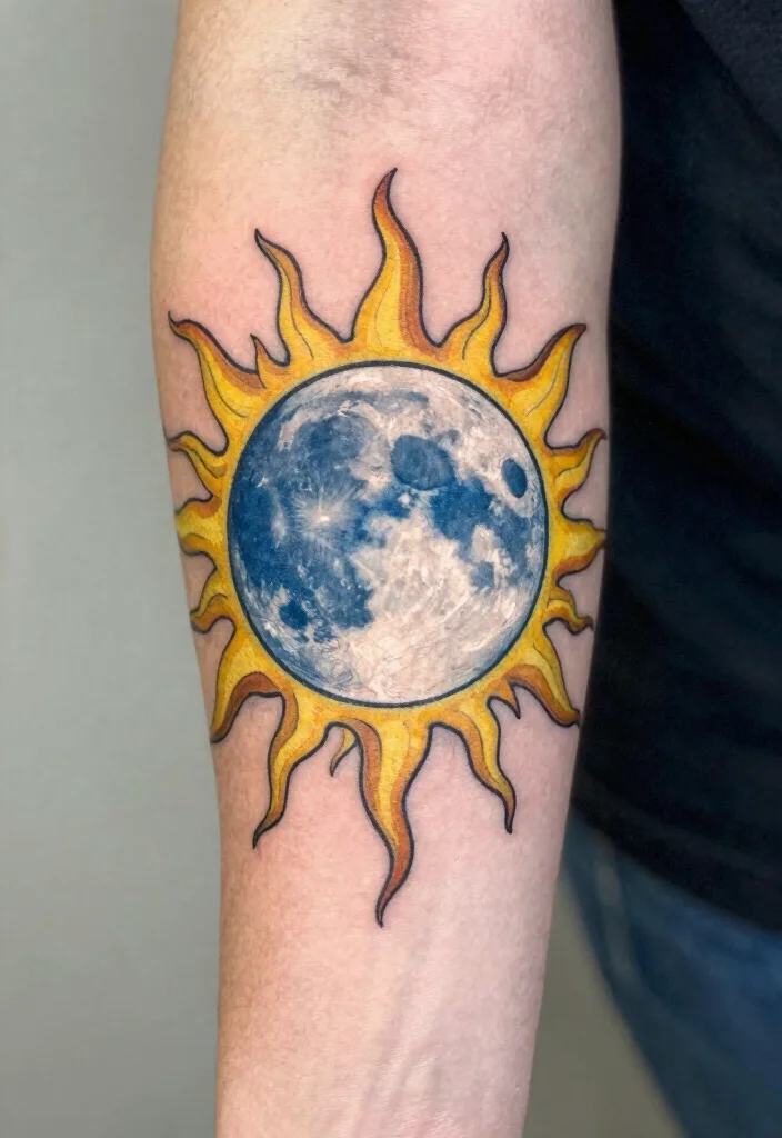 18 Full Moon Tattoo Designs Ideas With Mystical Vibes - 8. Full Moon and Sun Combo 1