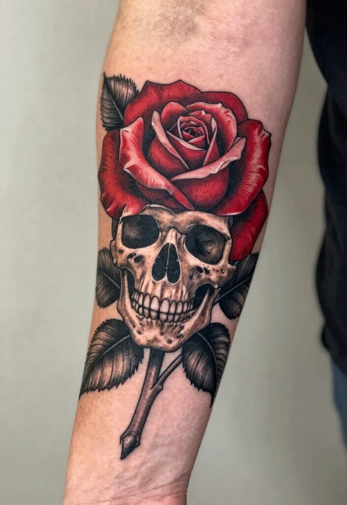 18 Gothic Forearm Tattoo Ideas With Dark Aesthetic - 1. Enchanted Rose and Skull 1