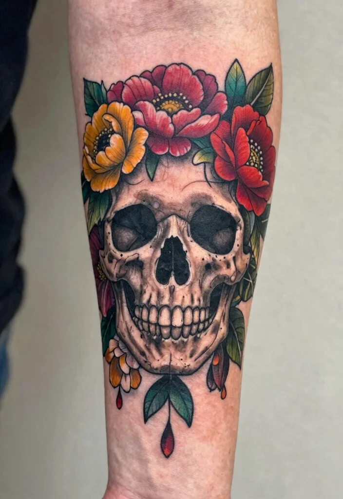 18 Gothic Forearm Tattoo Ideas With Dark Aesthetic - 10. Fantasy Floral Skull 1