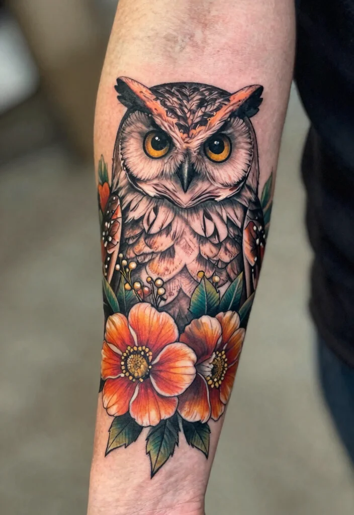 18 Gothic Forearm Tattoo Ideas With Dark Aesthetic - 12. Owl with Floral Surround 1