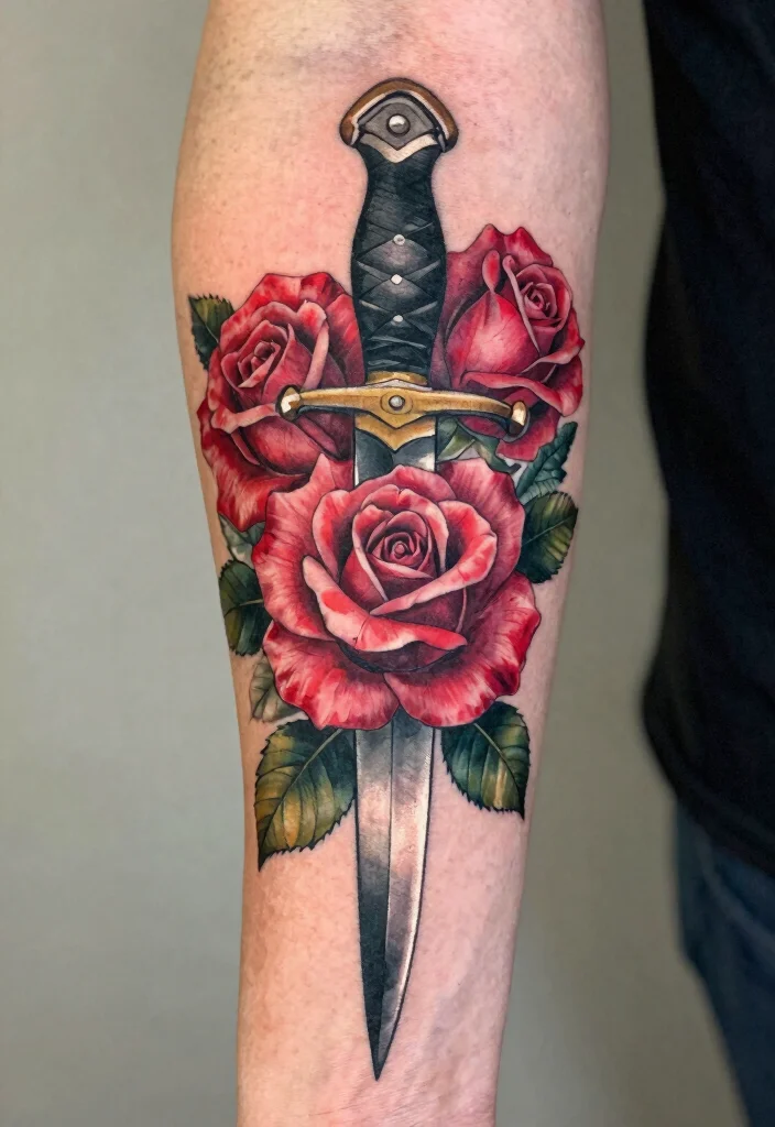 18 Gothic Forearm Tattoo Ideas With Dark Aesthetic - 13. Dagger through Roses 1