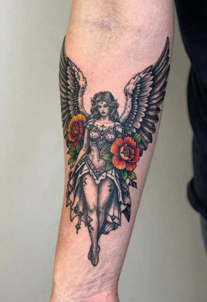 18 Gothic Forearm Tattoo Ideas With Dark Aesthetic - 14. Gothic Angel Wings with Flowers 1