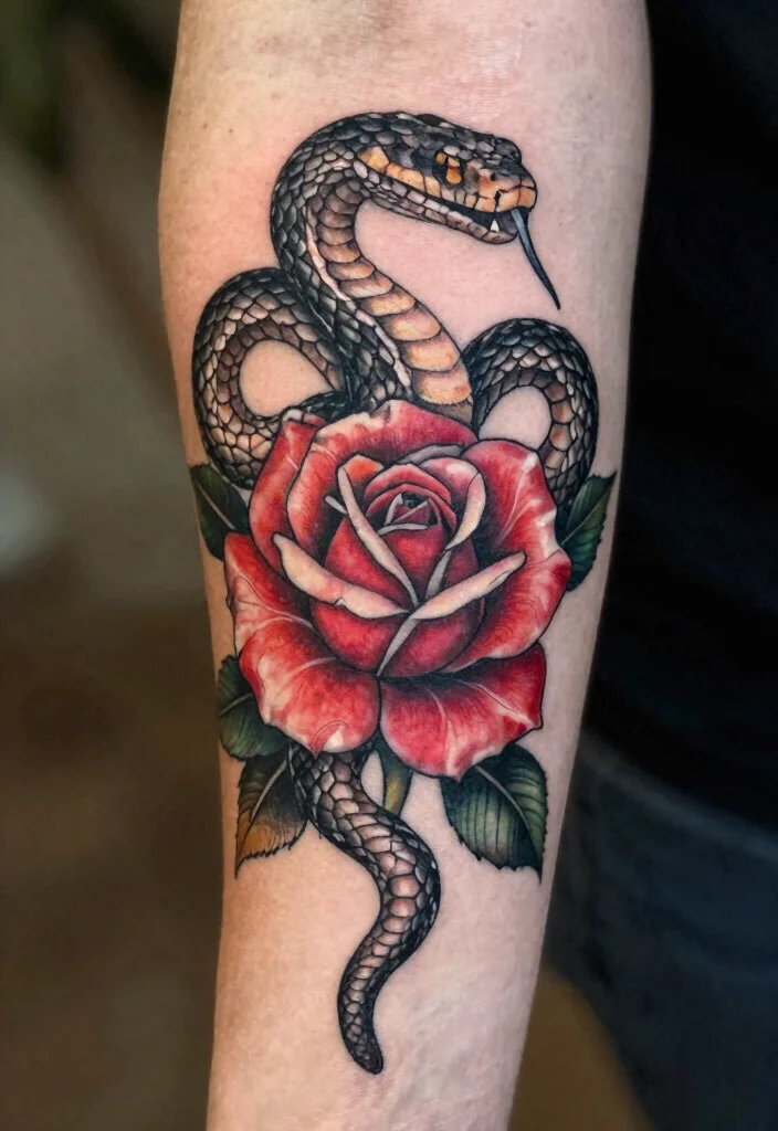 18 Gothic Forearm Tattoo Ideas With Dark Aesthetic - 15. Serpent and Rose 1